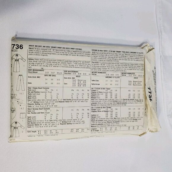 Simplicity Disney Dopey & Grumpy Dwarf Costume Pattern 7736-Uncut- Adult Size SM - Picture 5 of 7